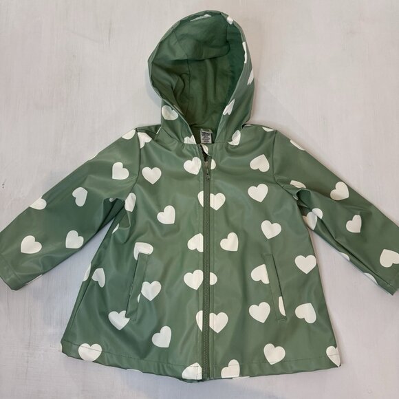 Girls 3T Hooded Raincoat Jacket Green White Hearts & Bow On Back Lined Coat - Picture 1 of 11